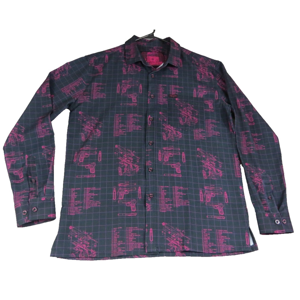 Rare Retro Rifle Shirt M Black Pink Gun Blueprint Tactical Graphic Button Up Men